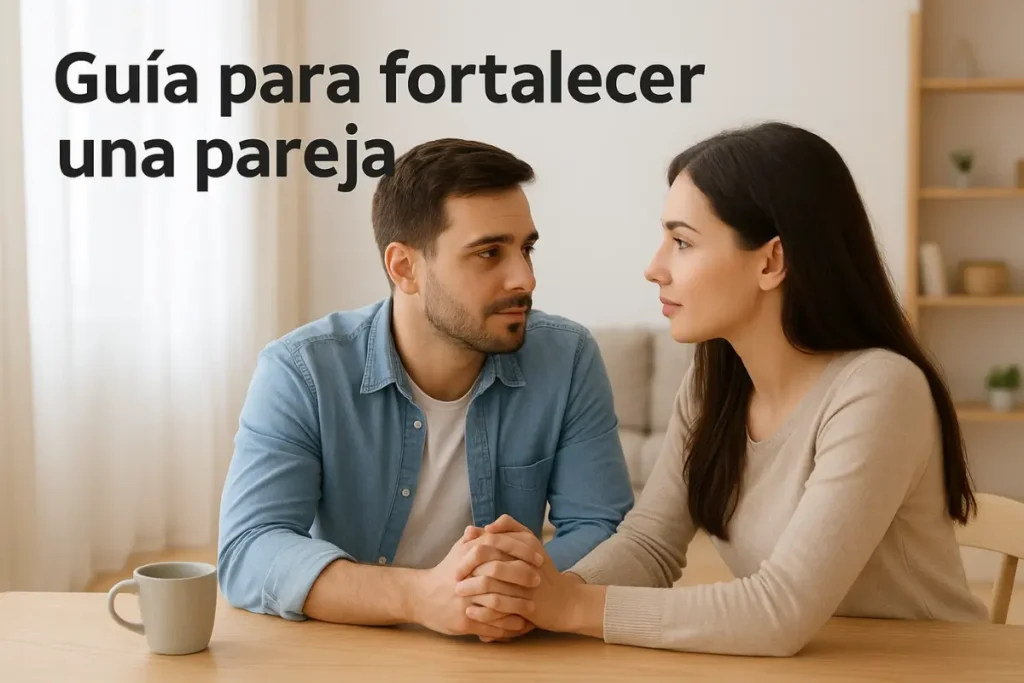 "Pareja conversando con calma en una mesa mientras mantienen las manos unidas, representando una guía para fortalecer la relación."